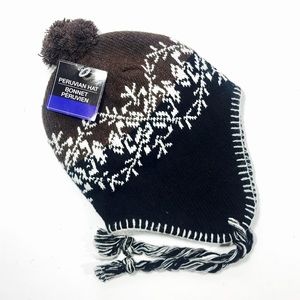 Peruvian Hat w/Ties Snowflake Black Brown White